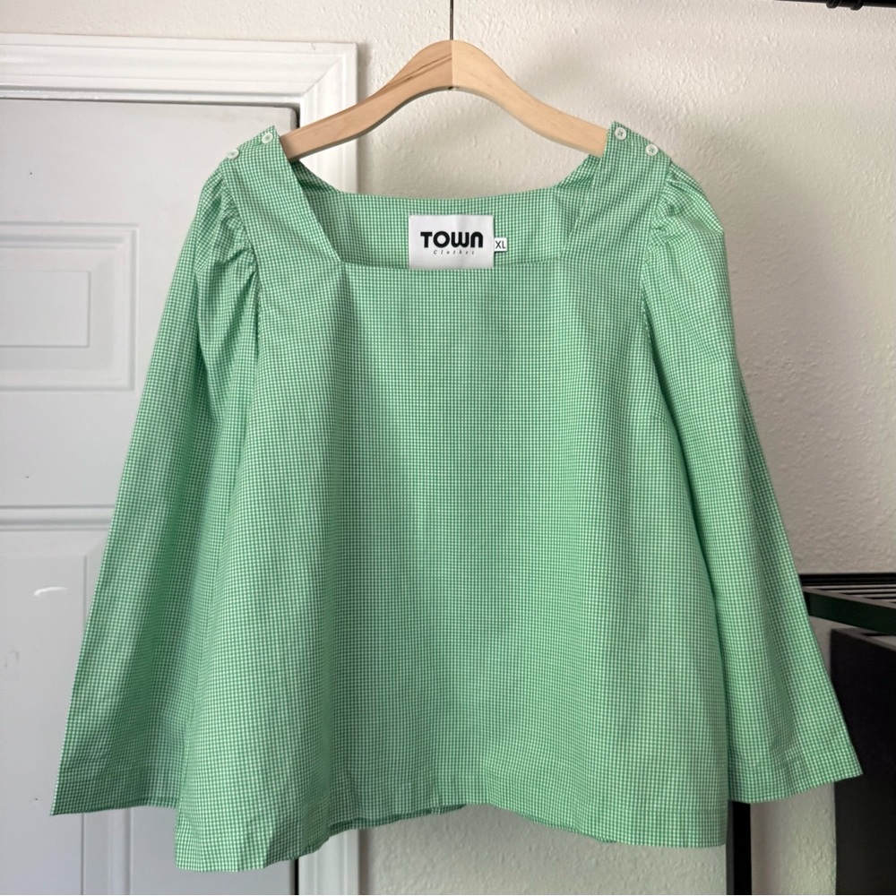 TOWN CLOTHES green‎ white gingham plaid square neck prairie cottage cropped top